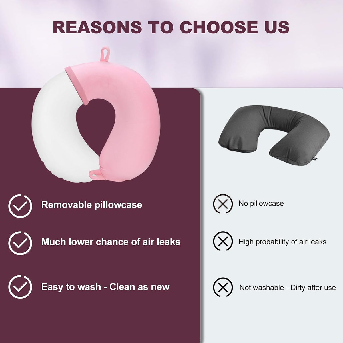 Pink Inflatable Travel Pillow with Eye Mask & Earplugs