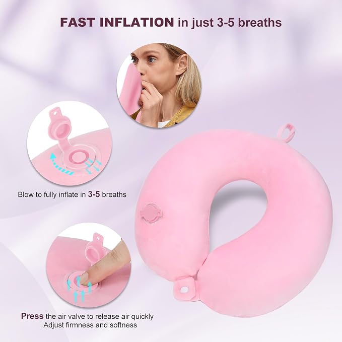 Pink Inflatable Travel Pillow with Eye Mask & Earplugs