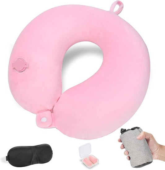 Pink Inflatable Travel Pillow with Eye Mask & Earplugs