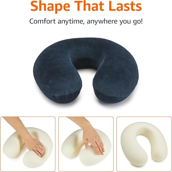 Navy Blue Memory Foam Travel Neck Pillow with Strap