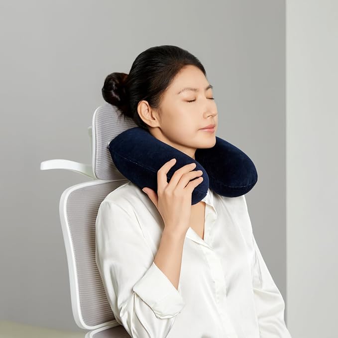 Navy Blue Memory Foam Travel Neck Pillow with Strap