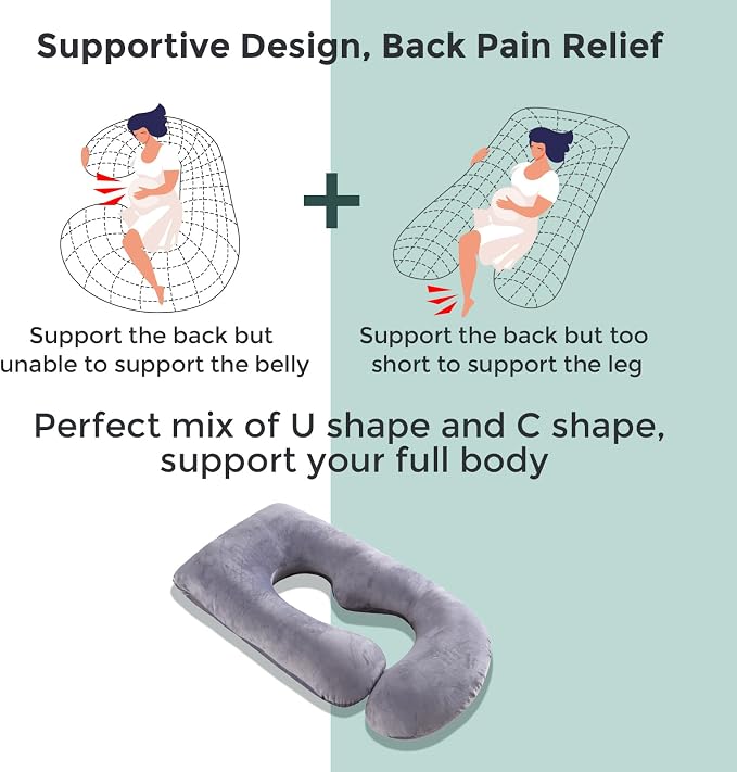 Grey Velvet U-Shaped Pregnancy Pillow for Full Body Support