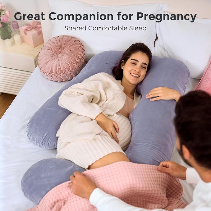 Grey Velvet U-Shaped Pregnancy Pillow for Full Body Support