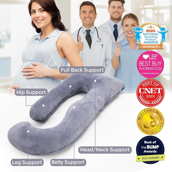 Grey Velvet U-Shaped Pregnancy Pillow for Full Body Support
