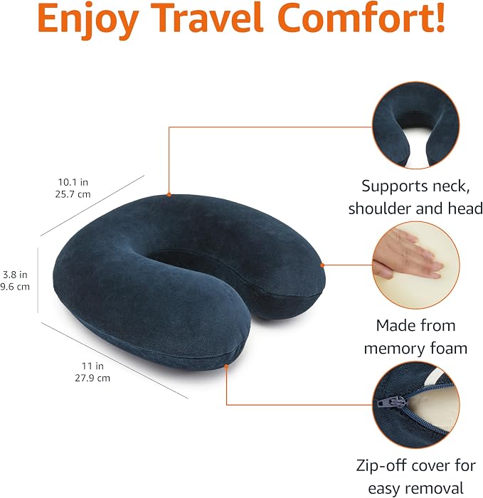 Navy Blue Memory Foam Travel Neck Pillow with Strap