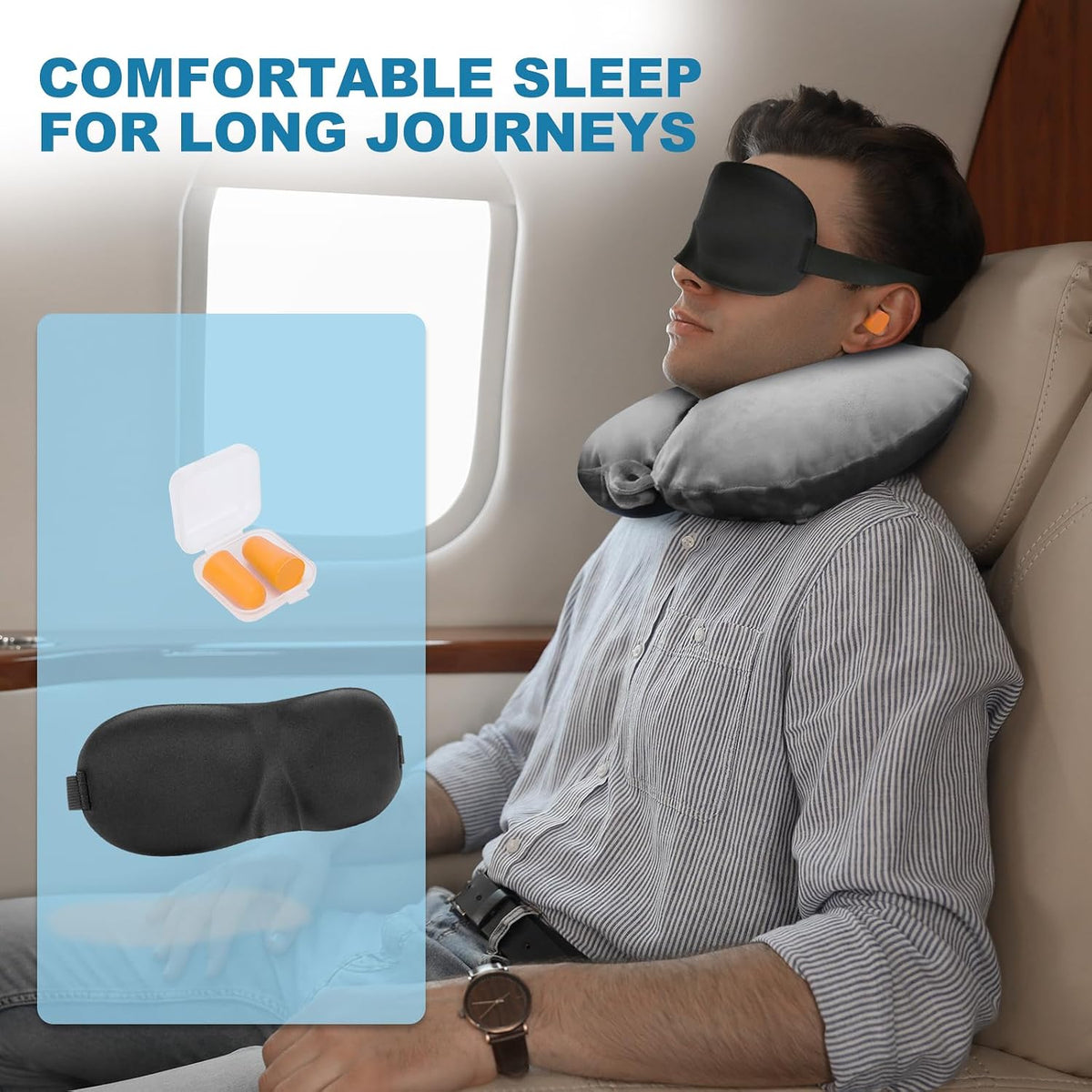 Inflatable Travel Pillow with Eye Mask & Earplugs