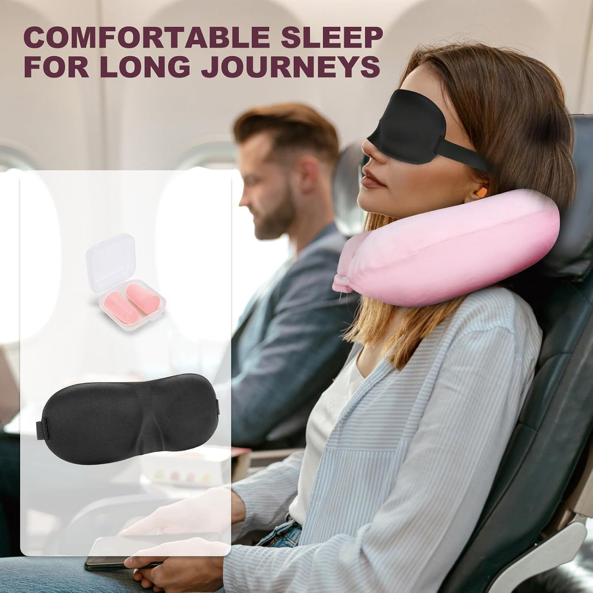 Pink Inflatable Travel Pillow with Eye Mask & Earplugs