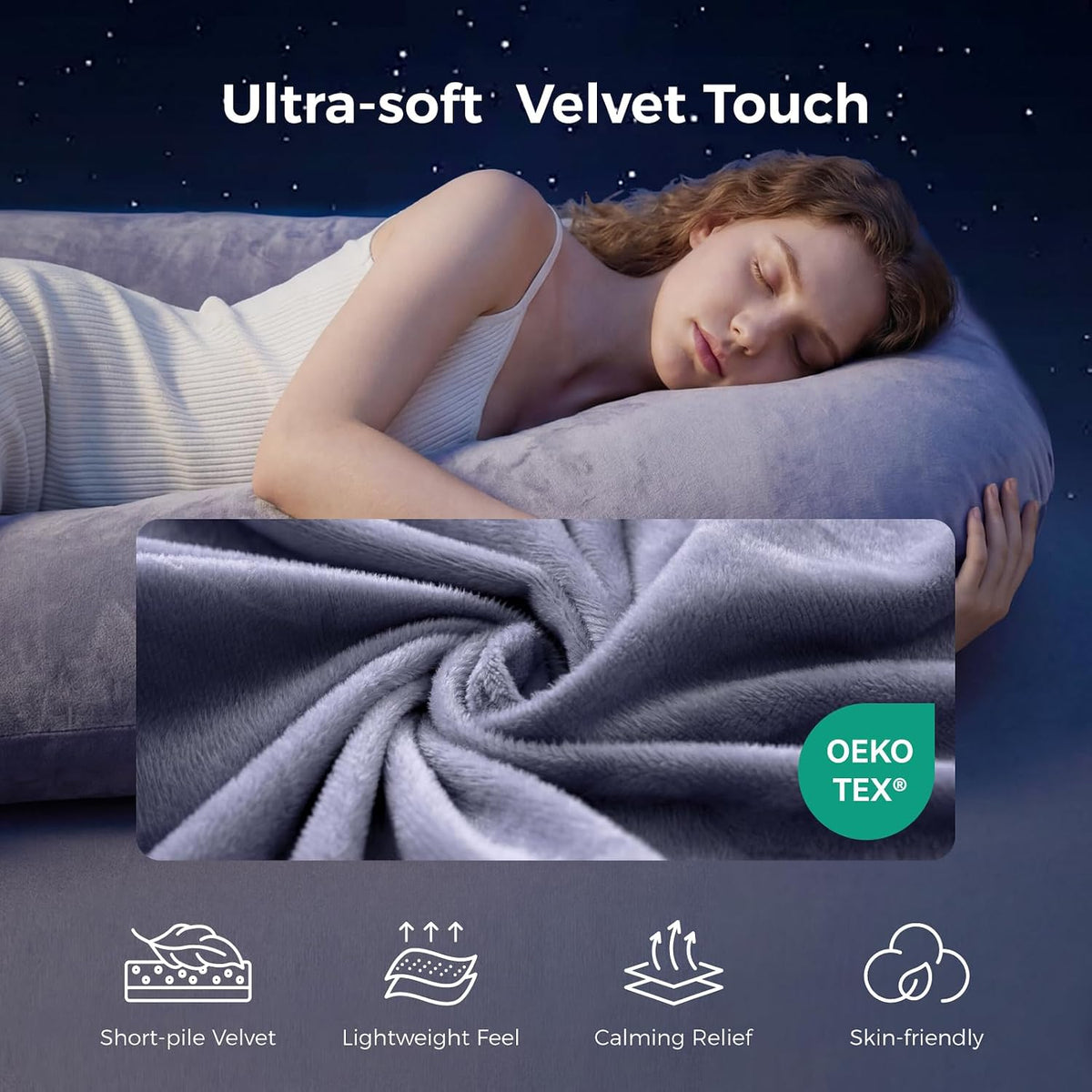 Grey Velvet U-Shaped Pregnancy Pillow for Full Body Support