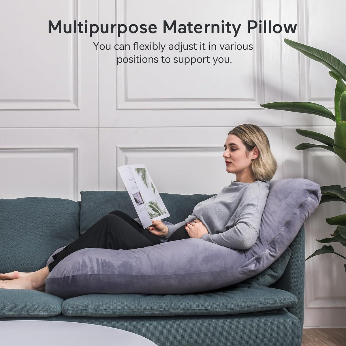 Grey Velvet U-Shaped Pregnancy Pillow for Full Body Support