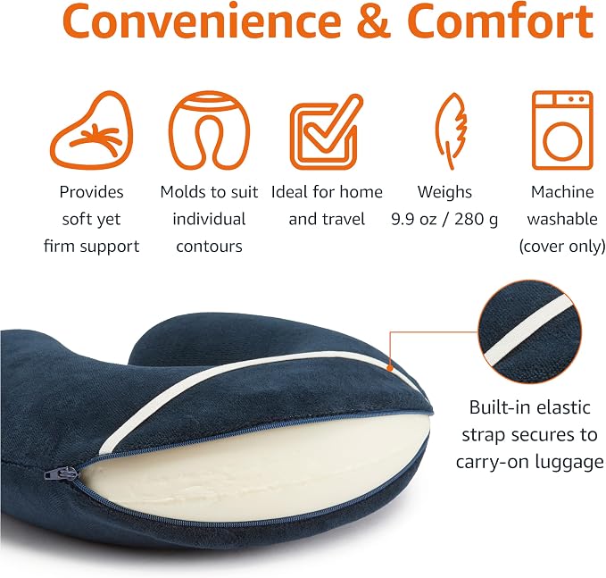 Navy Blue Memory Foam Travel Neck Pillow with Strap