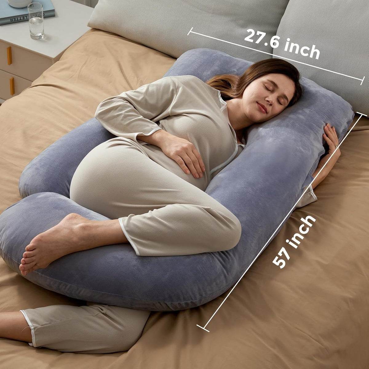Grey Velvet U-Shaped Pregnancy Pillow for Full Body Support